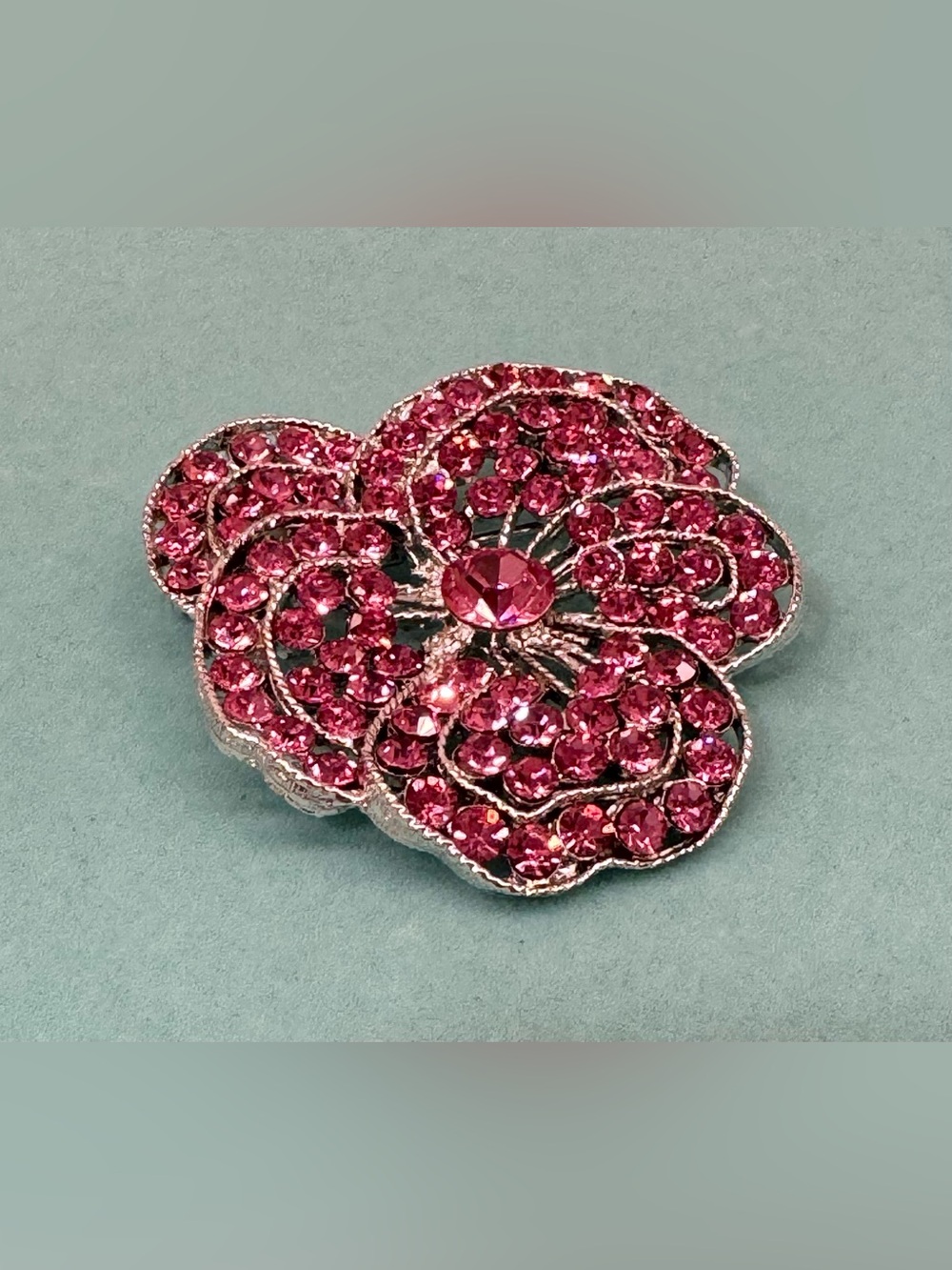 🌺 Vintage Weiss Pink Rhinestone Floral Brooch Silver Tone 2” Statement Pin 🩶 - Picture 3 of 9